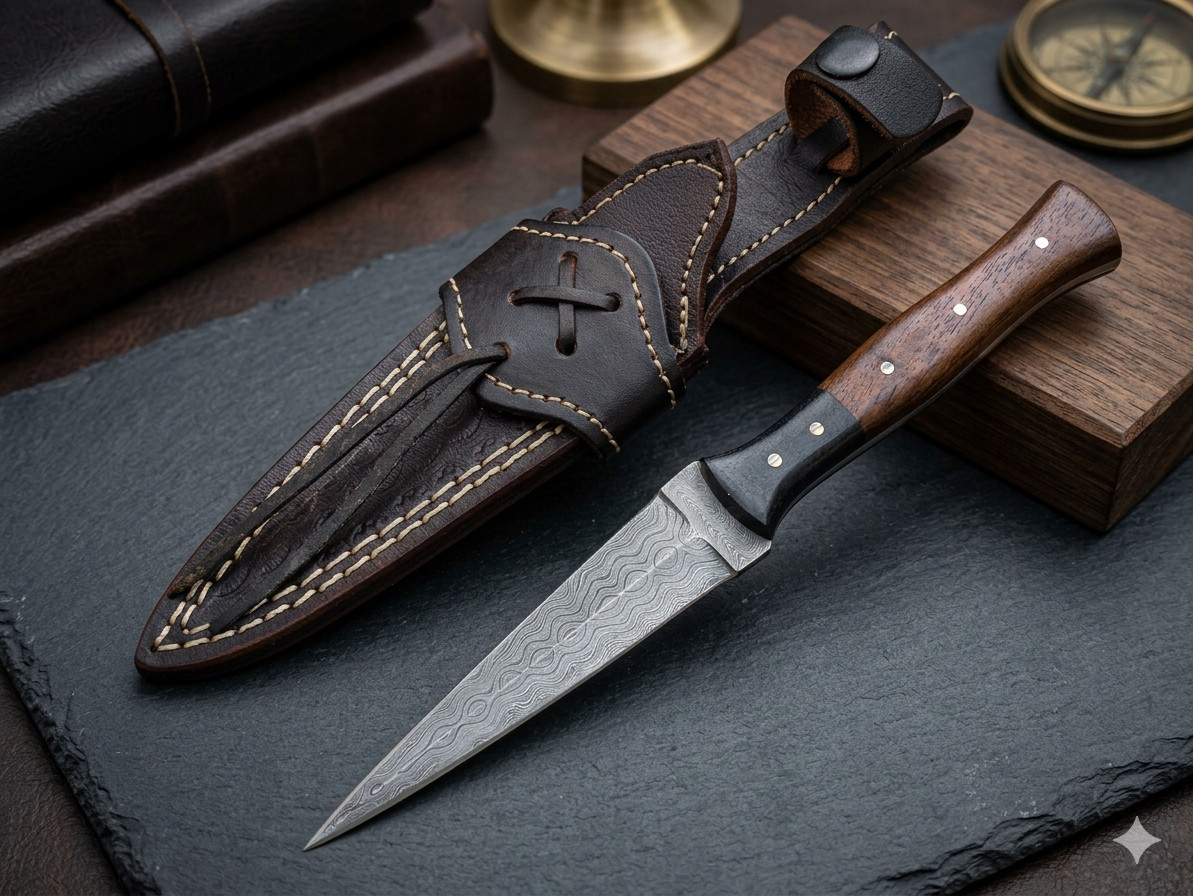 Custom Damascus steel hunting dagger fixed blade boot knife & sheath Double Edge
