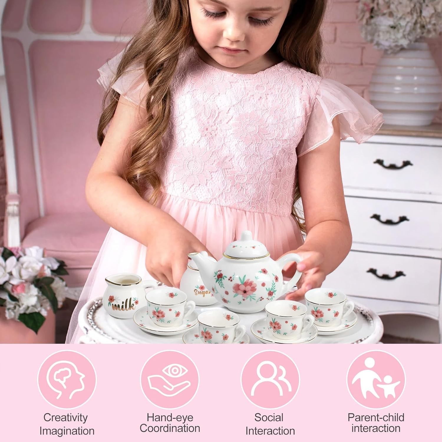 Porcelain Tea Set for Girls, Tea Party Set for Little Girls, Kids Tea Set Kitche