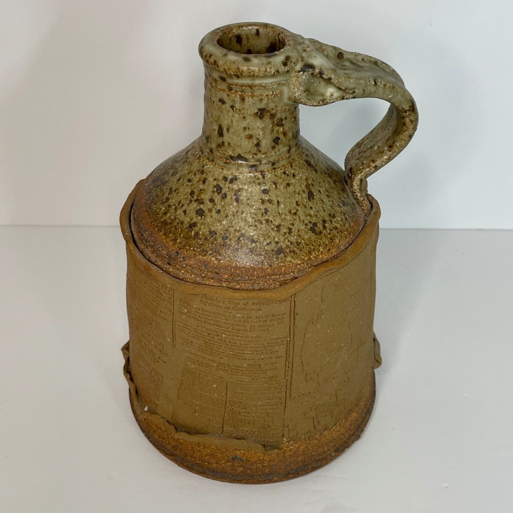 Studio Pottery Newspaper Transfer Stoneware Jug Folk Art Speckled Glaze Crock