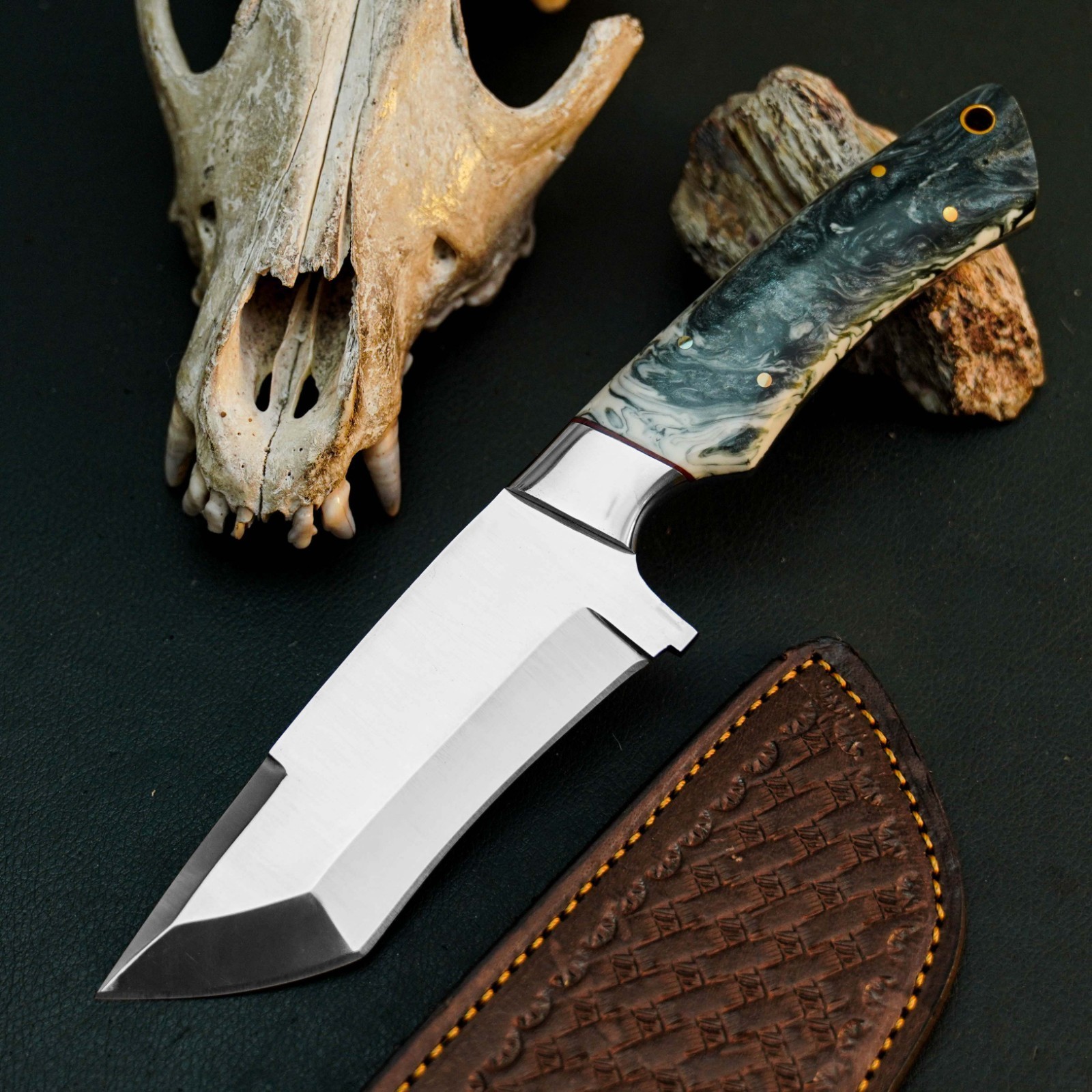 9.0″ Tactical Hunting EDC Knife Handmade Full Tang Resin Handle + Sheath