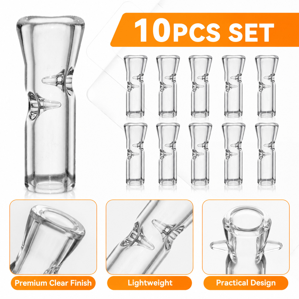 Medium Size Glass Filter Tips for Cigarettes 10PCS Clear Reusable Ø9mm 35mm Set