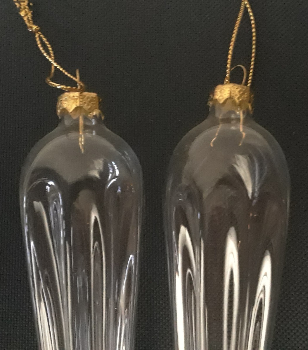 2 Hand Blown Clear Translucent Glass Teardrop Icicle Christmas Ornaments 5.75 in
