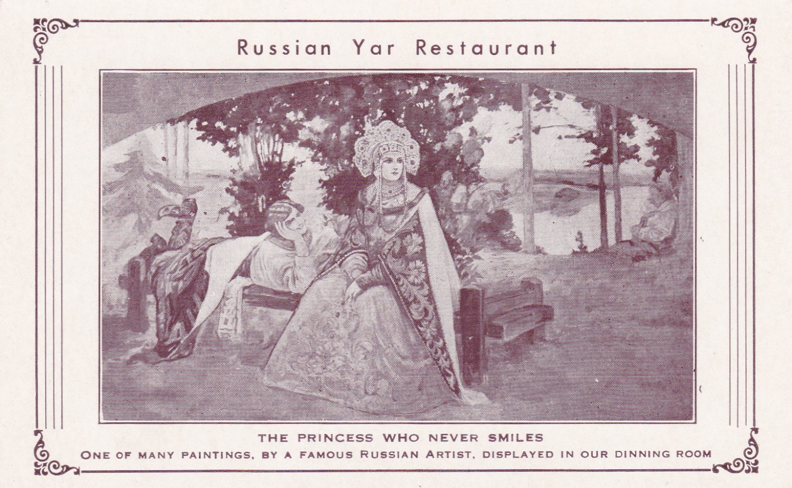 Russian Yar Restaurant Painting on Wall New York City Postcard 1930’s
