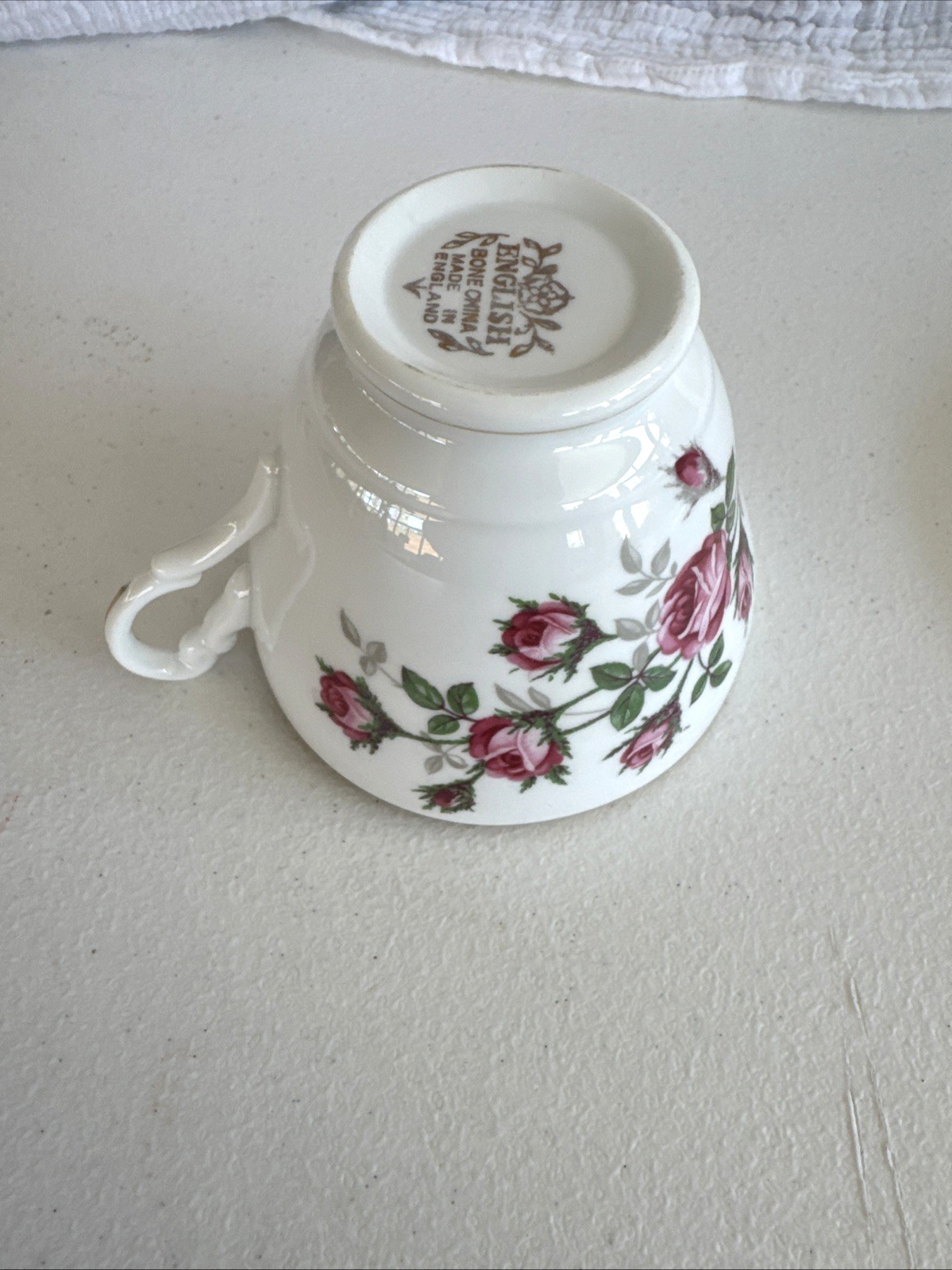 English Bone China Cup & Saucer Vintage White and Gold Pink Roses Hand Painted