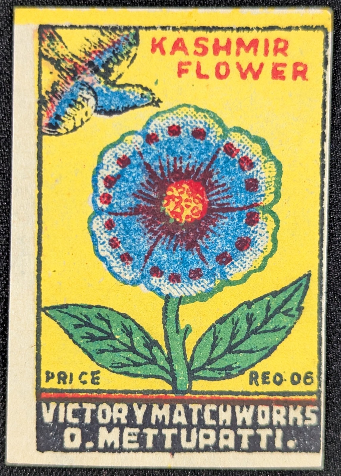 Vintage Kashmir Flower Safety Matches Matchbox Label Card (Size 1.5“x2“)