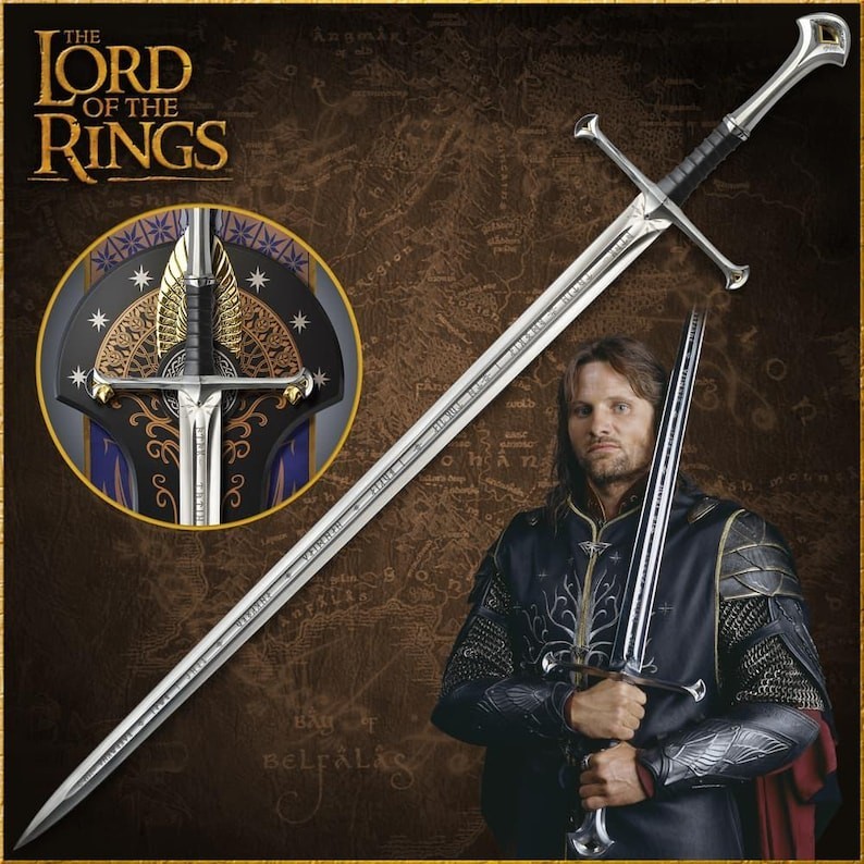 „Handmade Anduril LOTR Sword Replica – Engraved Blade with Wall Mount Display“
