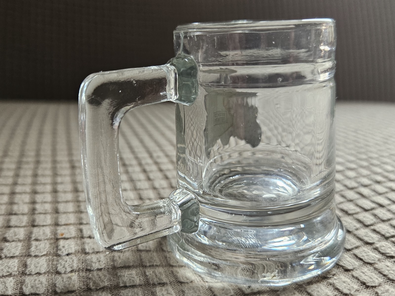 Sm Glass Mug Style Souvenir Shot Glass Pewter Like Emblem Attached CastleSprings