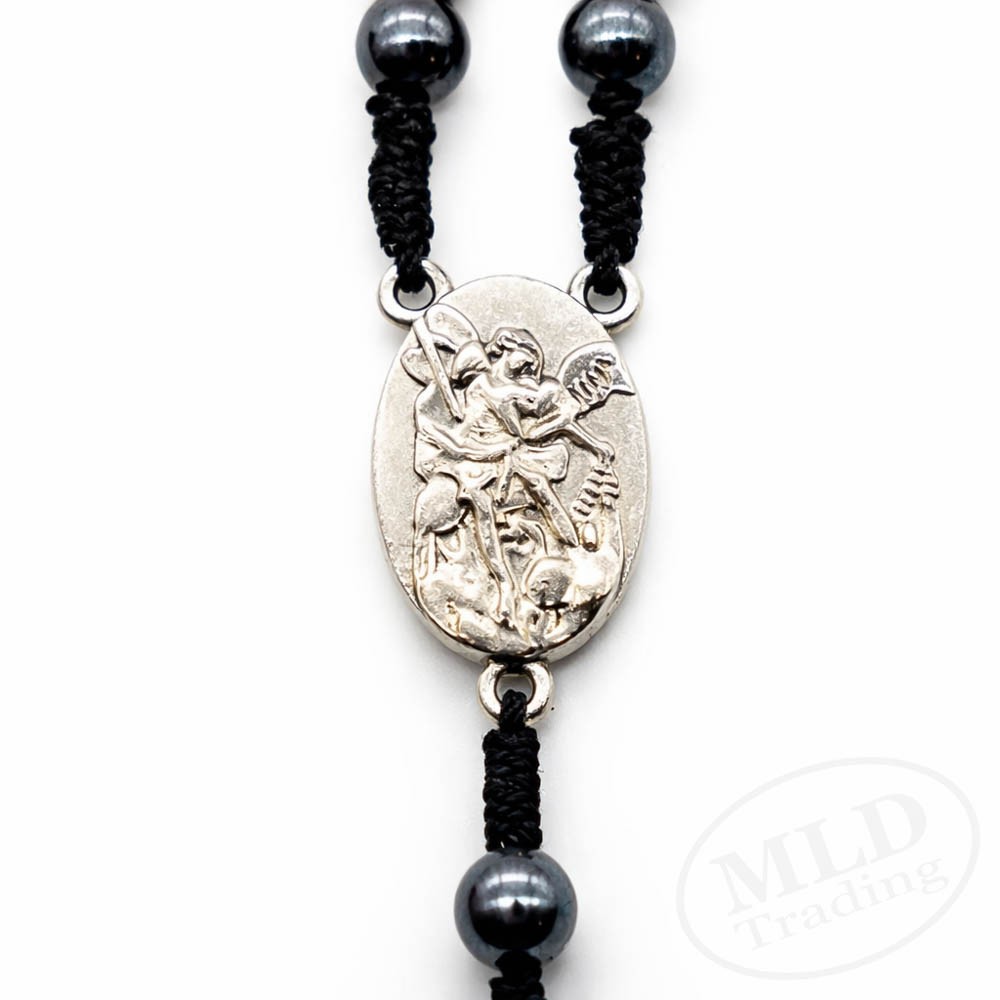 Saint St Michael Medal 12″ Cord Rosary Black Hematite Beads Rosario San Miguel