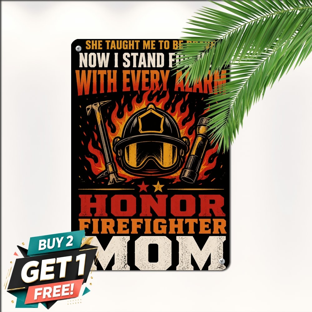 Firefighter Mom Tribute Flaming Helmet Emblem Tin Sign