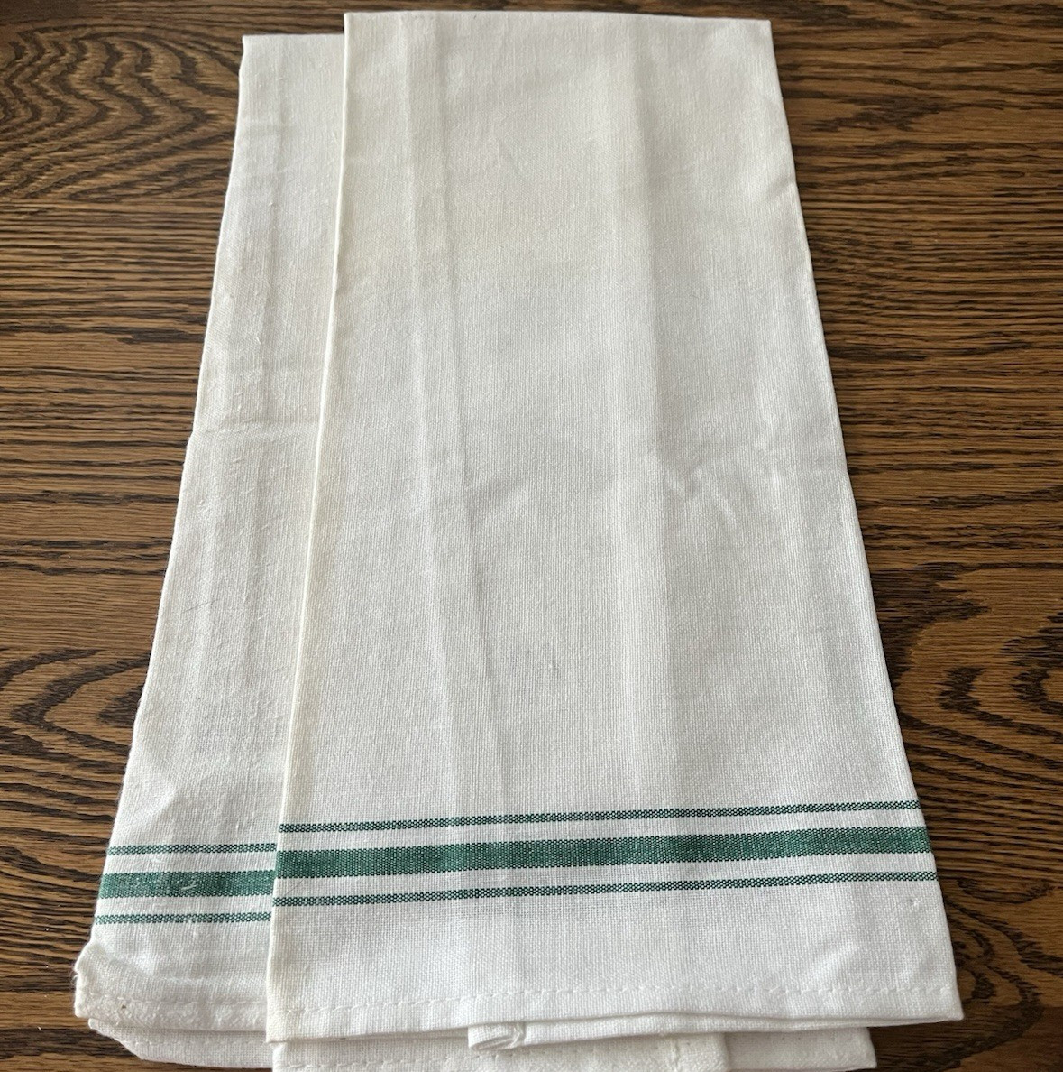 2 Kitchen Tea Hand Towels Light Cotton Green & White Stripes Pakistan 26 x 15