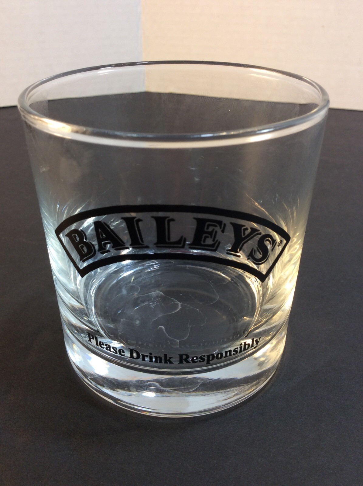 BAILEY’S Irish Cream Etched Clear & Black Rock Low Ball Glass Barware