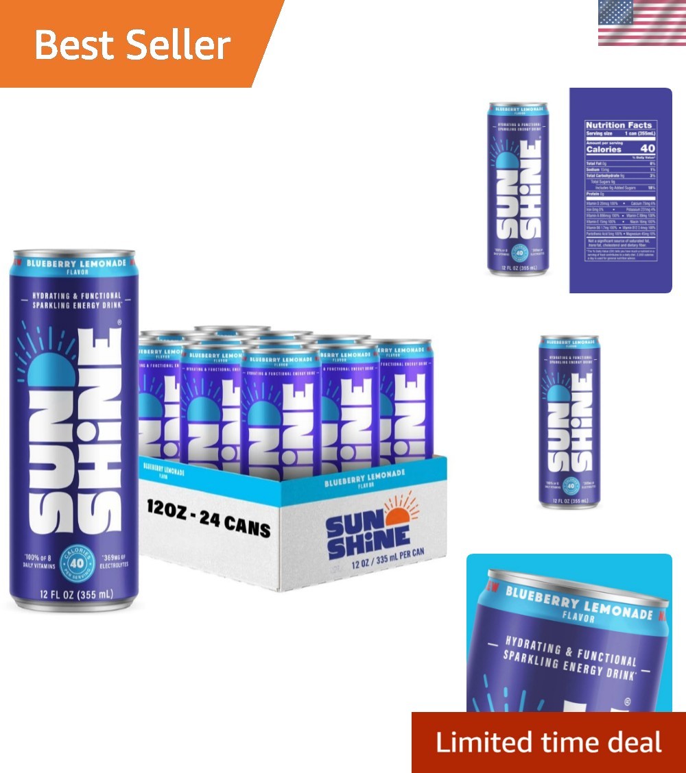 Sunshine Sparkling Energy Drink – Blueberry Lemonade, 24 Pack of 12 Fl Oz Cans