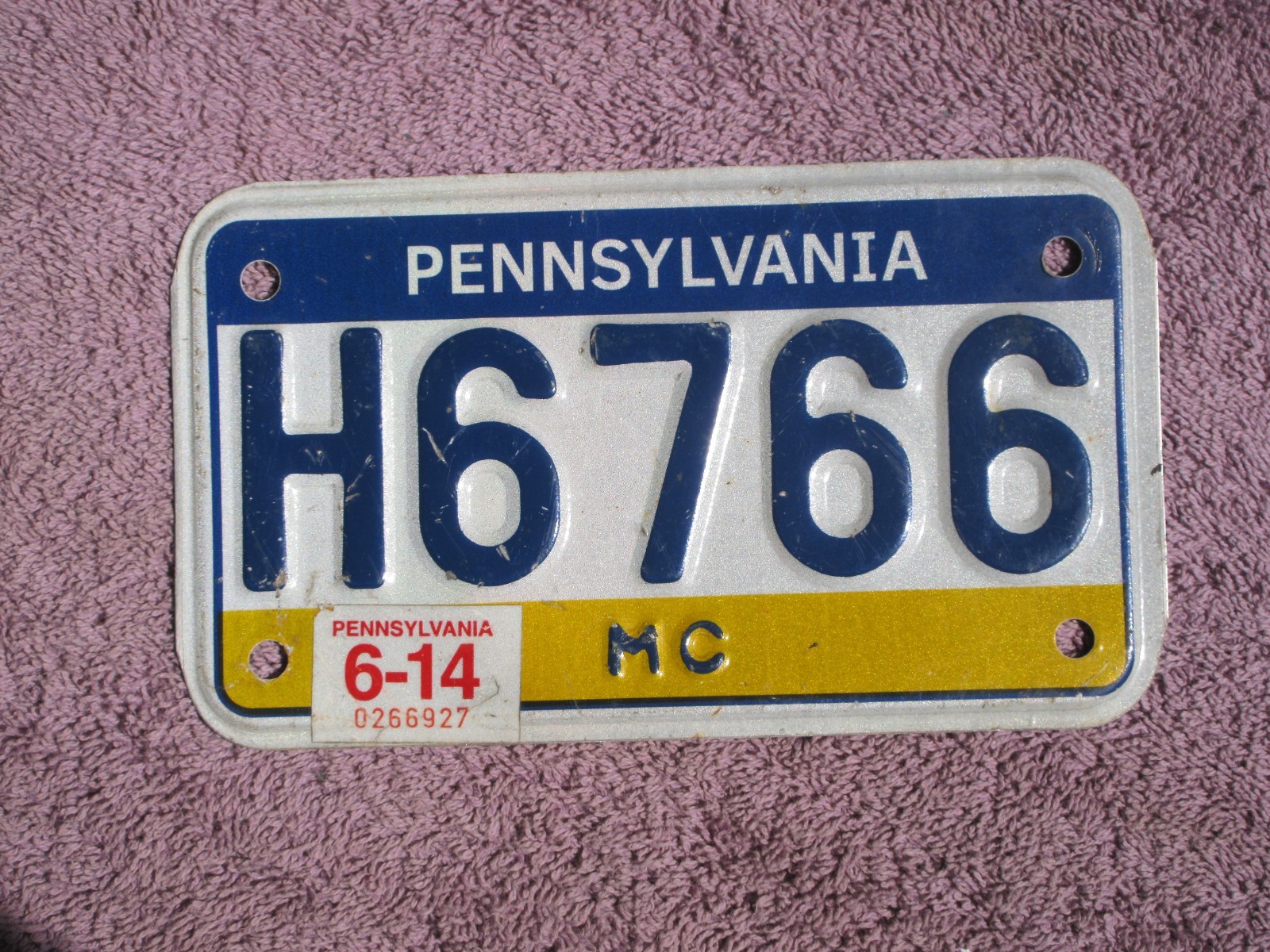 Pennsylvania Motorcycle License Plate PA Penna Over 3 Years Old H6766