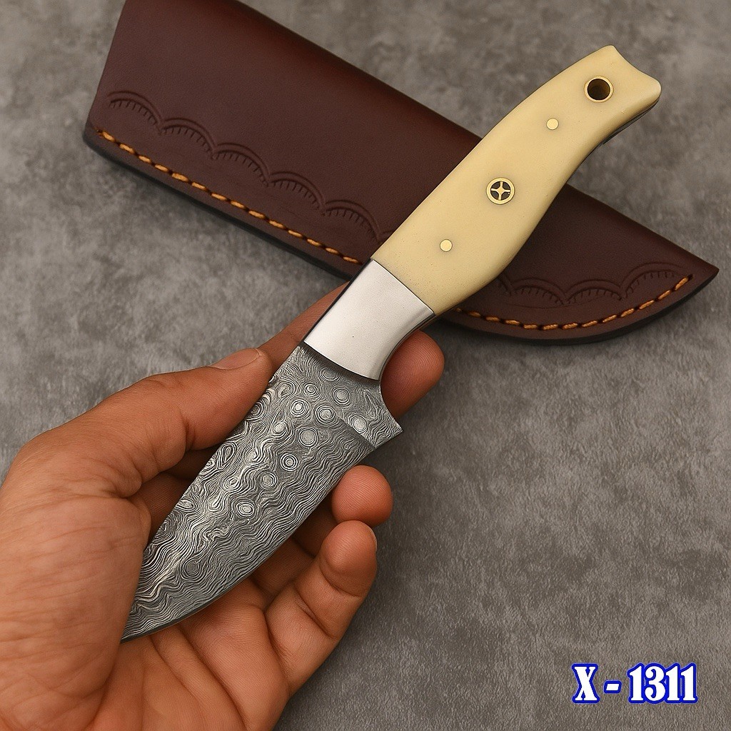 Custom Handmade Damascus Steel Fix Blade Skinning Knife Camel Bone Handle