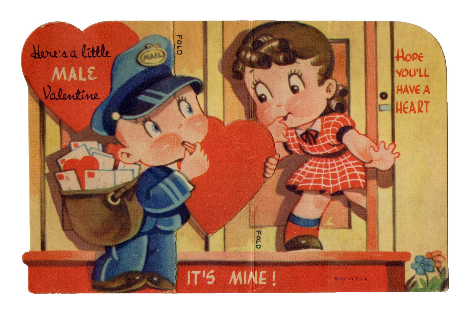 Vintage Valentine Card, Mail Man w/Love Letters „HERE’S A LITTLE MALE VALENTINE“