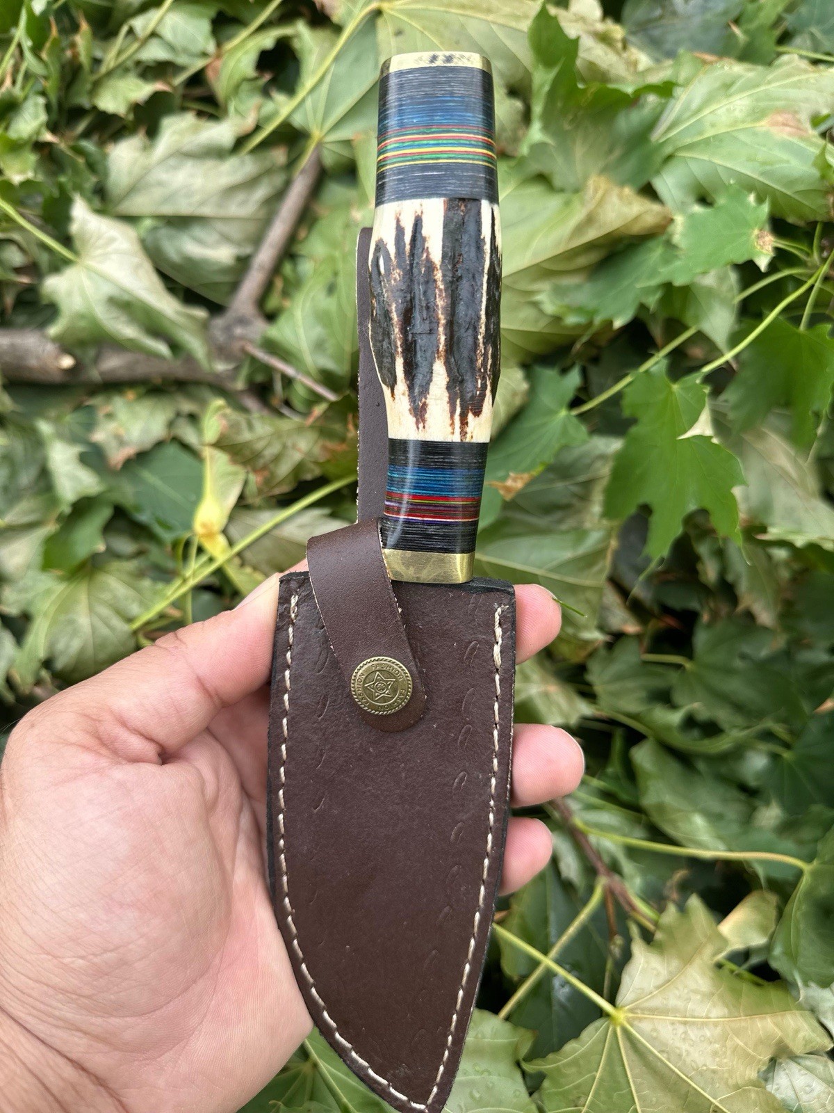 Handmade Damascus Steel Fix Blade Skinner Knife Stag Antler Handle With Sheath