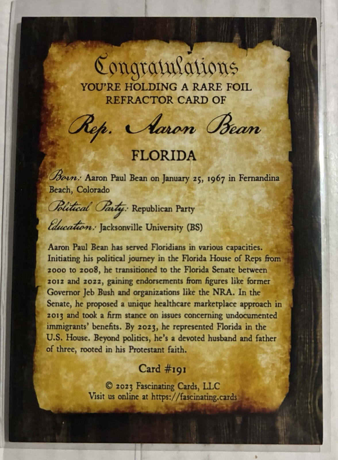 Rep. Aaron Bean 2023 Fascinating Cards U.S. Congress #191 Foil Refractor FL