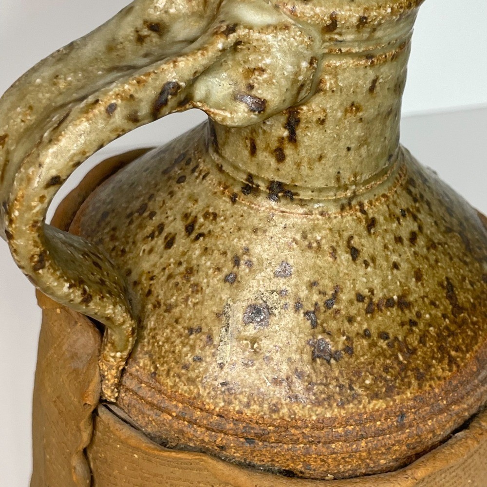 Studio Pottery Newspaper Transfer Stoneware Jug Folk Art Speckled Glaze Crock
