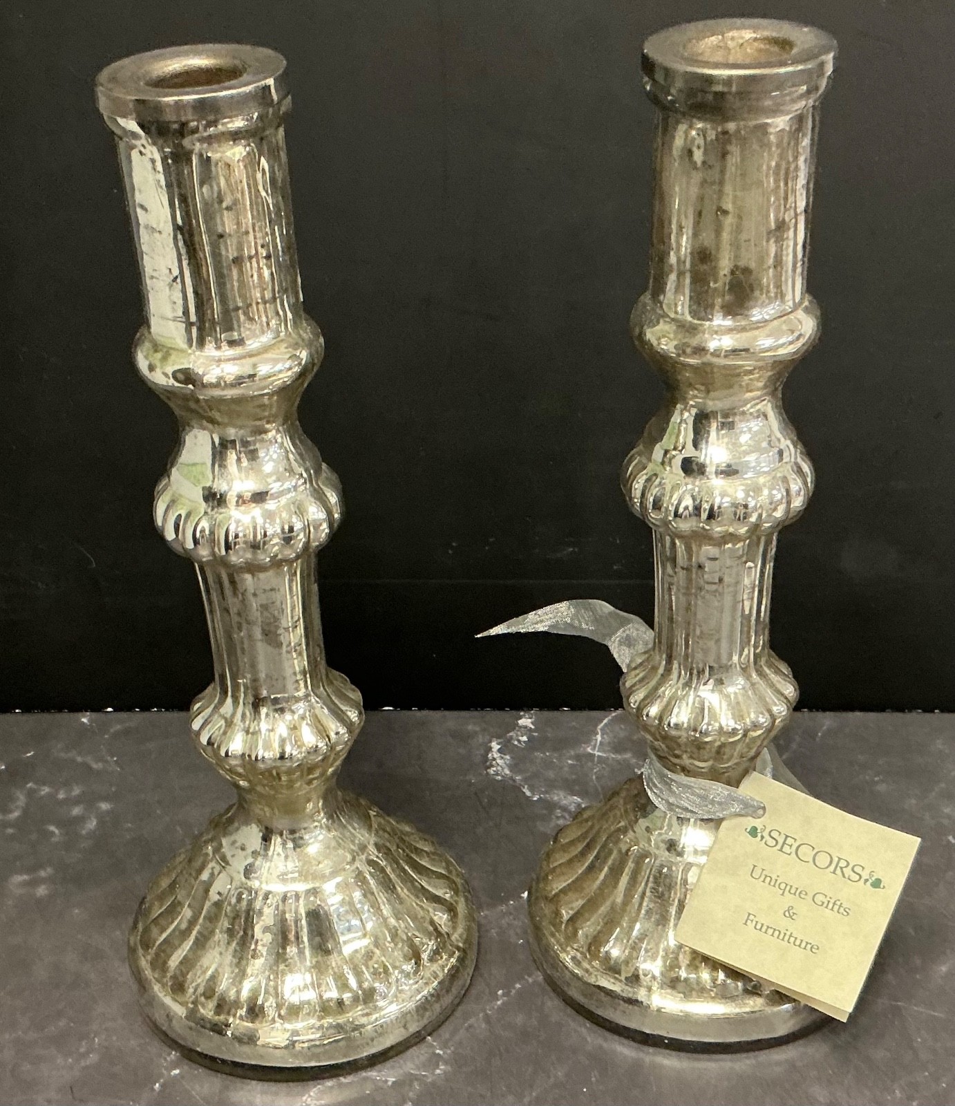 Pair of Antique American Mercury Glass Candlestick Holder 10”