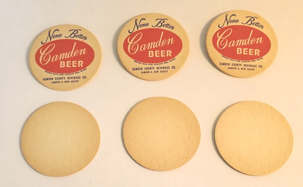 CAMDEN BEER COASTERS „6“ CAMDEN COUNTY BEVERAGE NEW JERSEY „NONE BETTER“ VINTAGE