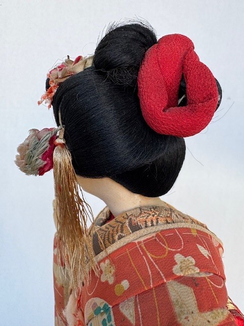 Vintage Japanese Geisha Doll In Traditional Kimono, Hand Made on Wood Base 18″