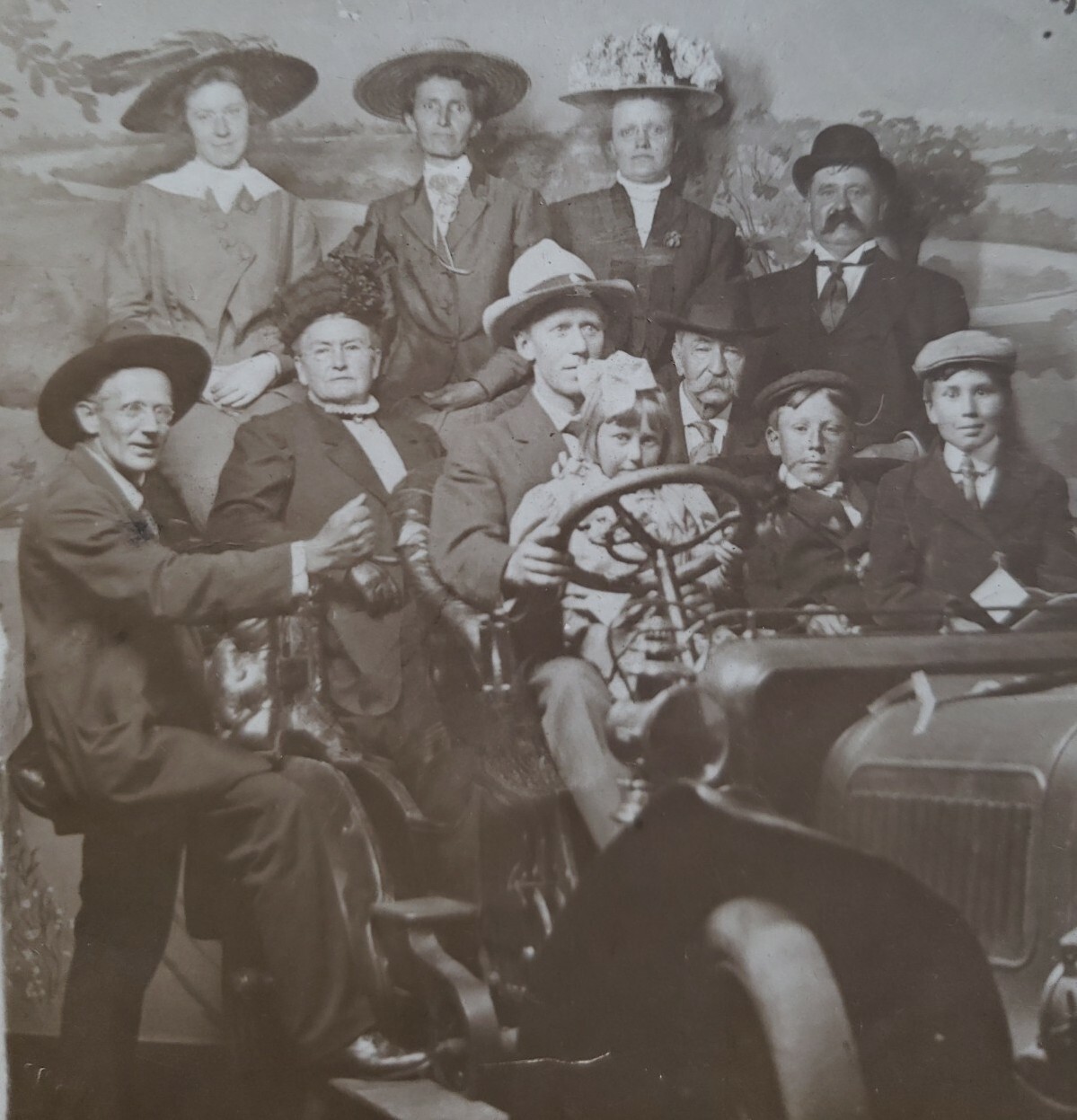 1910 Car RPPC antique auto w 10 people + baby, PMC postcard, Unposted