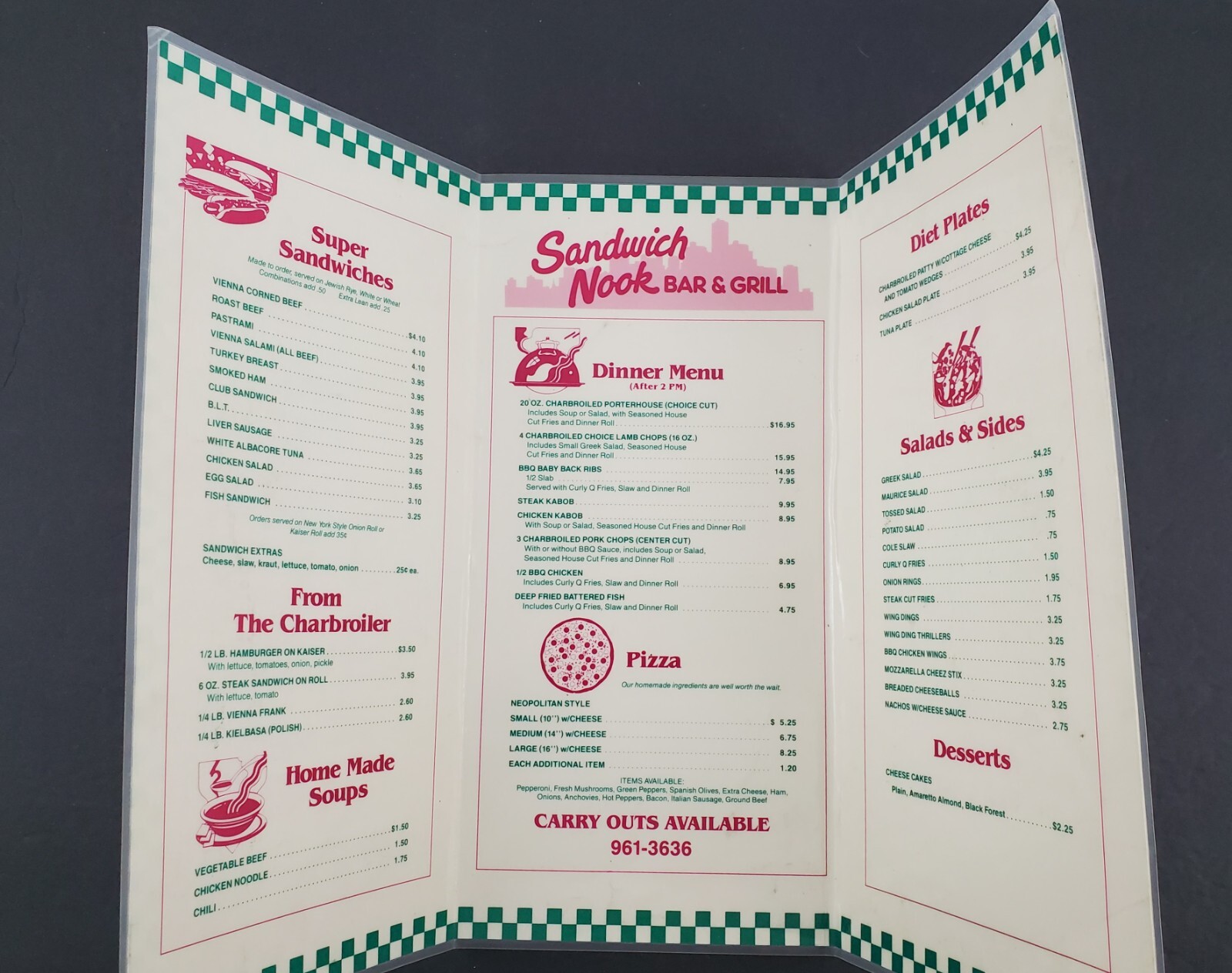 1990s Detroit Michigan Sandwich Nook Bar & Grille CLOSED Restaurant Menu MI