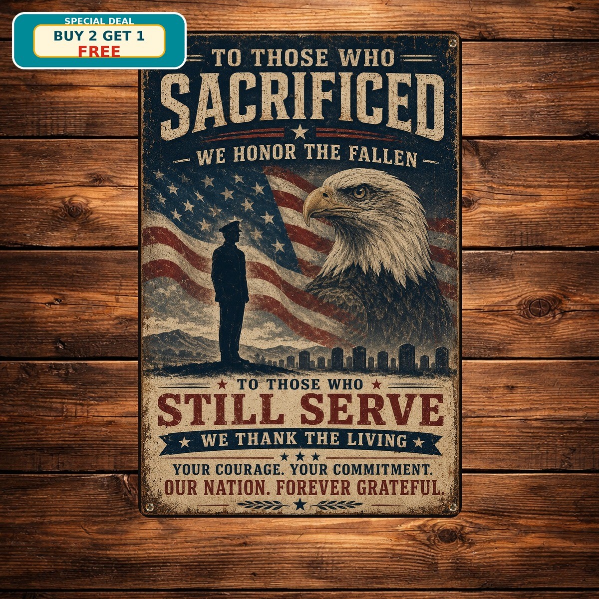 Honor Fallen Thank Living Military Veteran Patriotic Metal Tin Sign