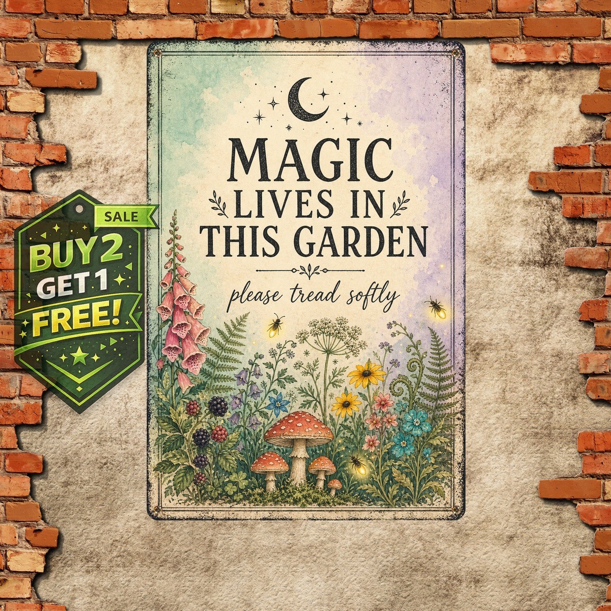 Enchanted Fairy Garden Metal Sign Whimsical Outdoor Patio Wall Plaque 8×12