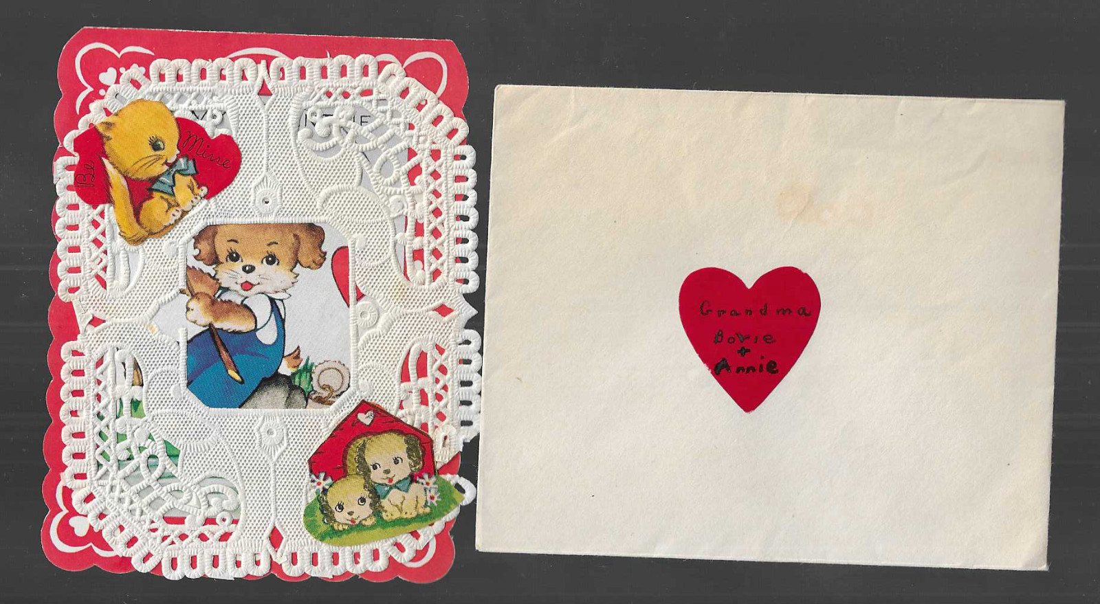 vtg 1930s A-meri-Card Lace Stickers Greeting VALENTINE FISHING Card Puppy E
