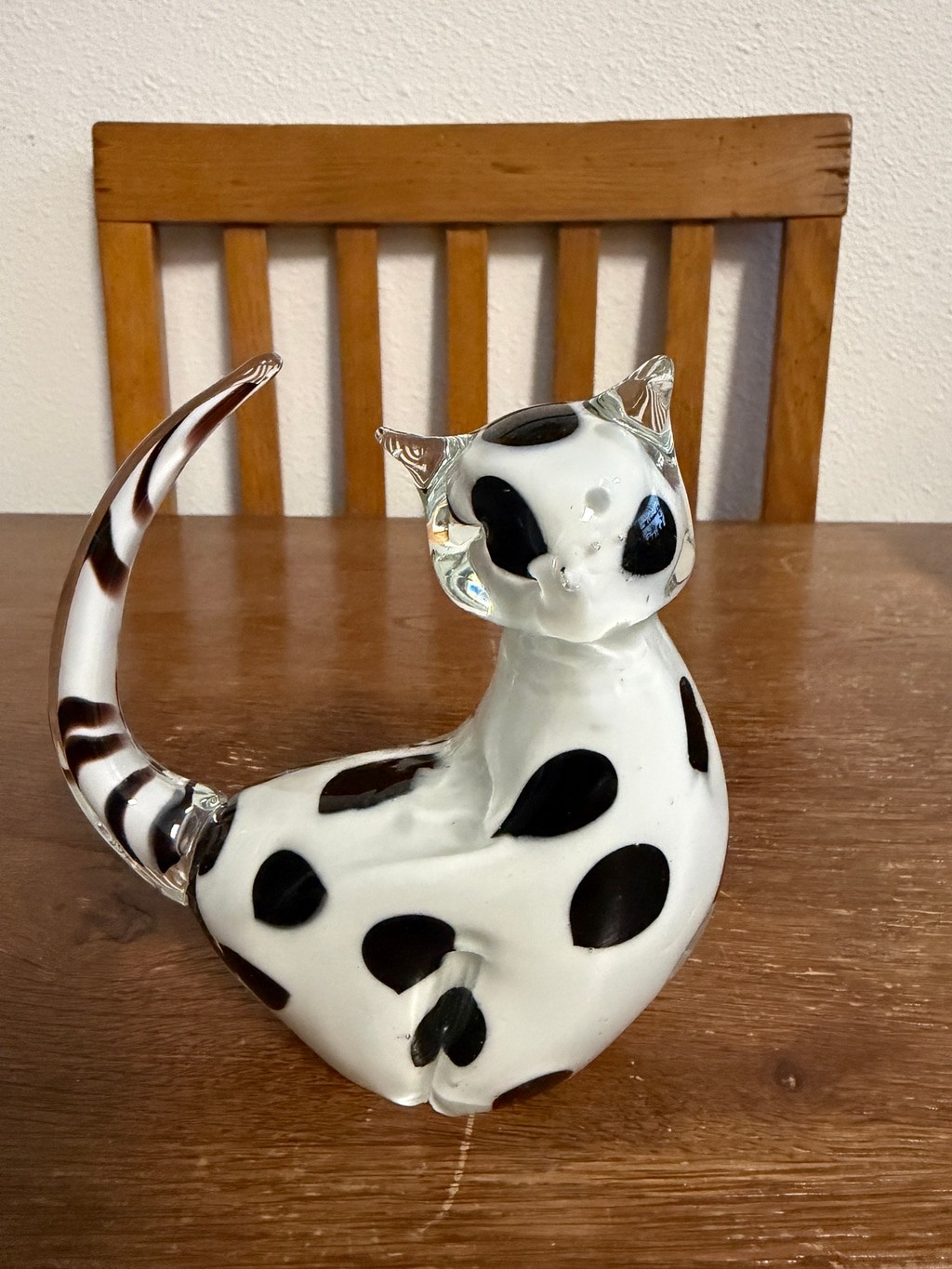 Vintage Murano Style Art Glass Cat Figurine Black White Spotted Heavy Hand Blown