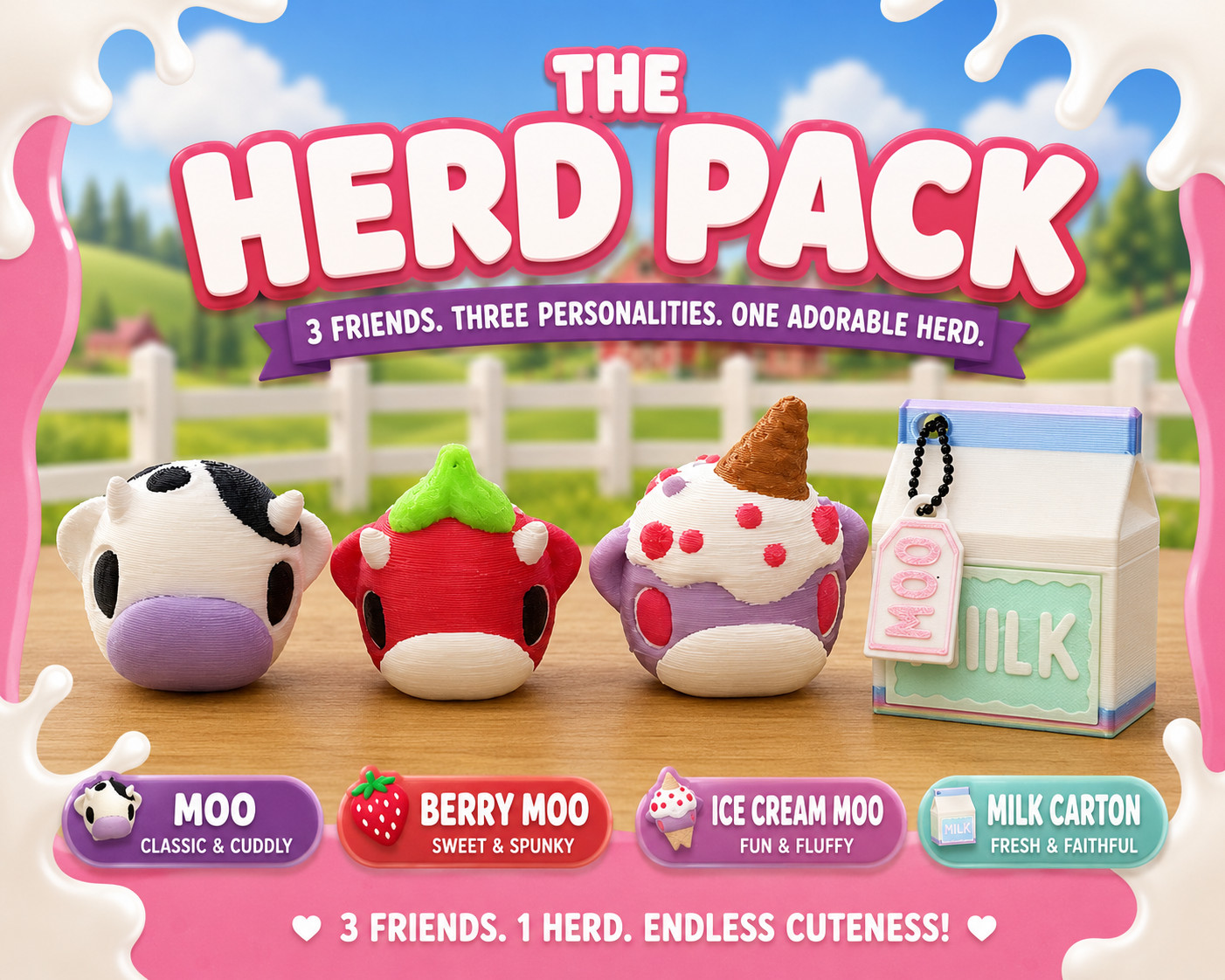 Mini Moo Herd Pack | 3D Printed Cow Set with Milk Carton | Collect Them All!