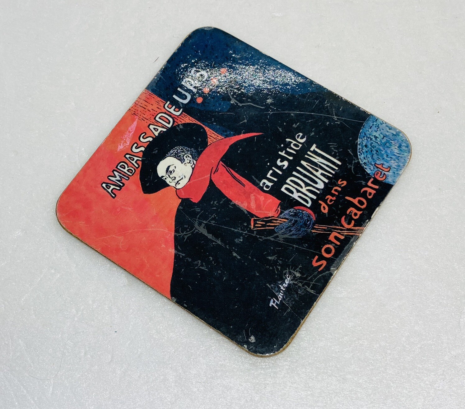 Vintage Ambassadeurs Aristide Bruant Wood Cork Drinking Coaster French Art 36