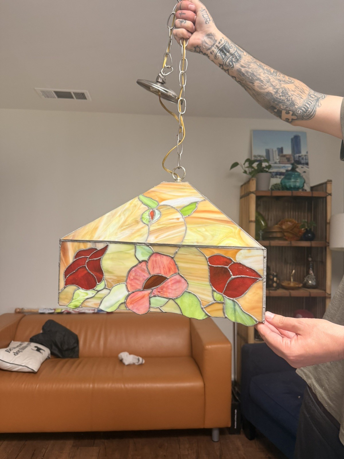 Vintage Stained Glass Hanging Light California Poppies, Slag Glass Excellent!