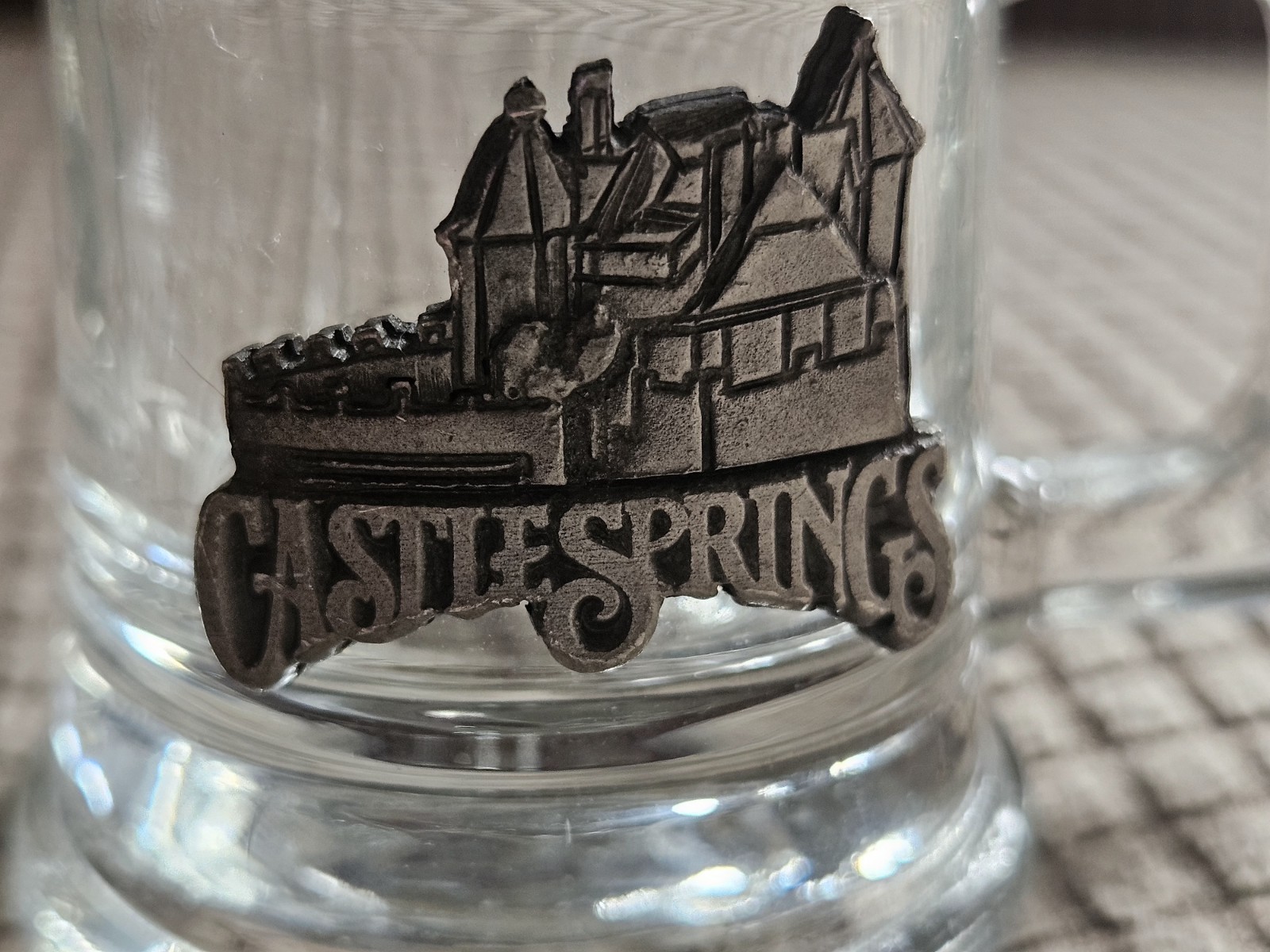 Sm Glass Mug Style Souvenir Shot Glass Pewter Like Emblem Attached CastleSprings