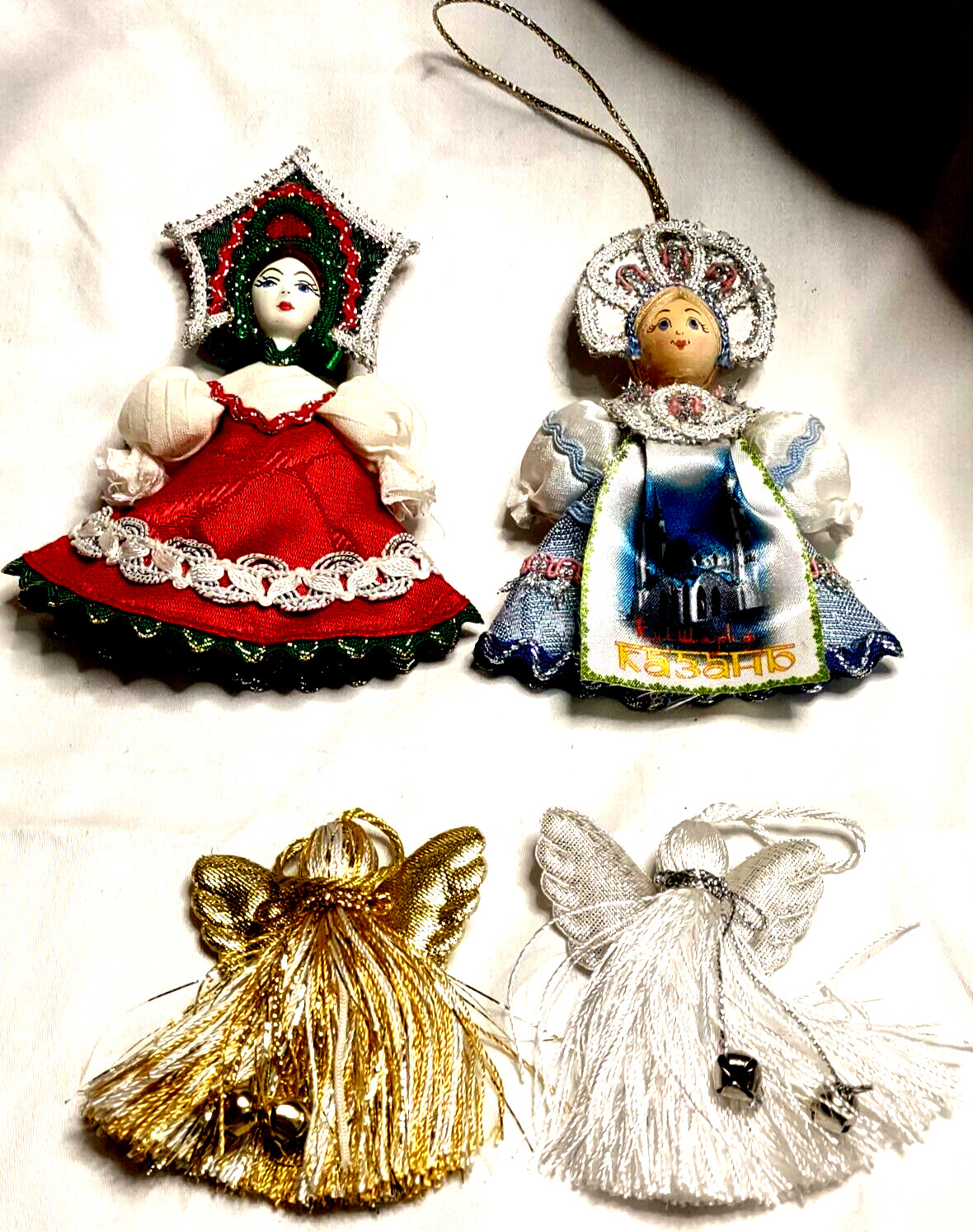 4 VTG Xmas Ornaments Girls & Angels Lot Tassels National Costumes Cloth Glitter