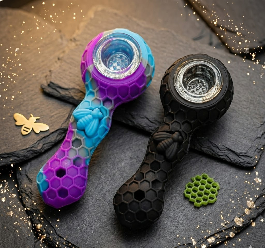 2pc Silicone Smoking Pipe 4.3″ Honeycomb Bee Tobacco Hand Pipes Glass Bowl Tool
