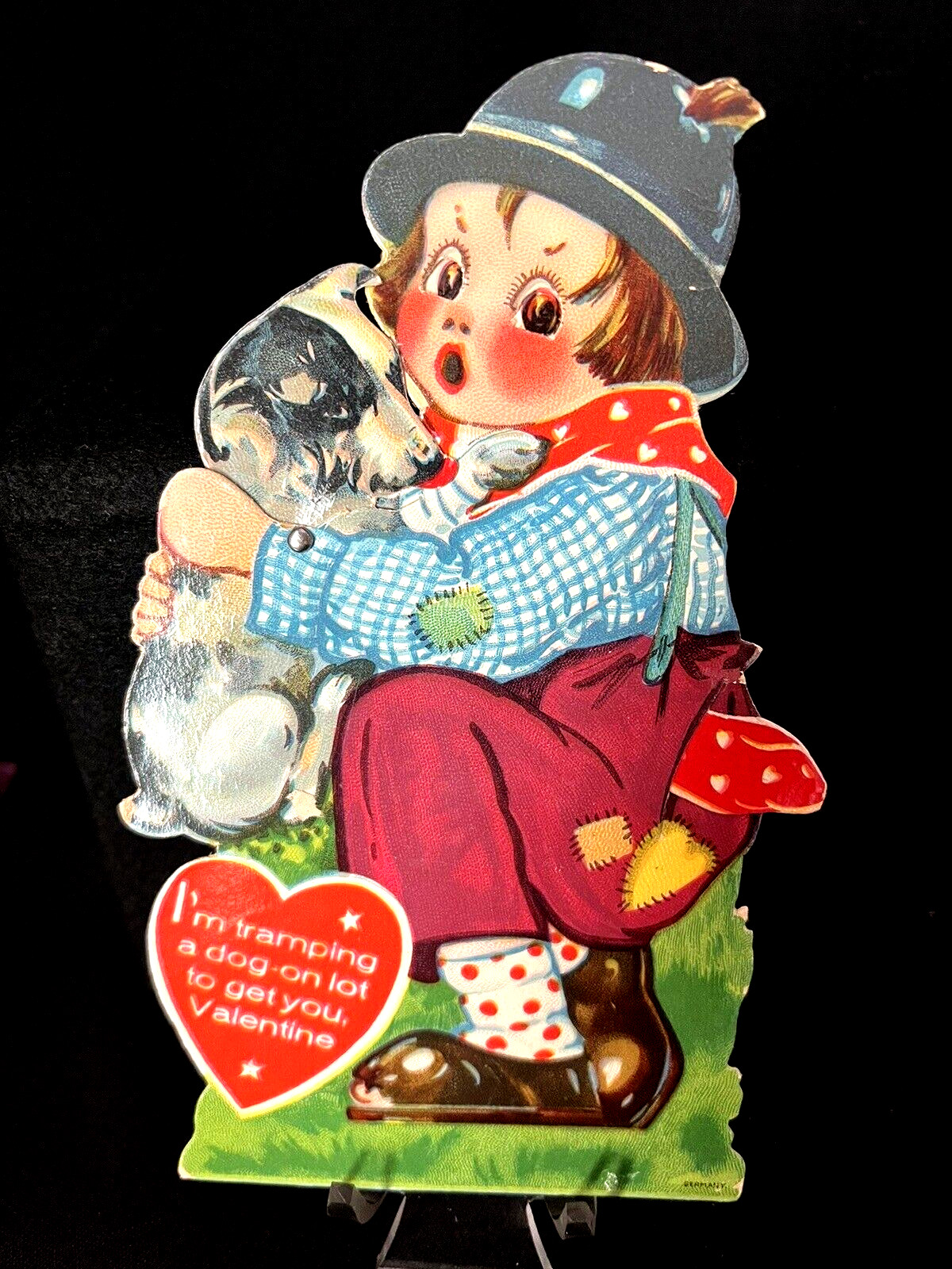 Antique Valentine Card German Mechanical Tramp with Dog – 7″ Two Movements