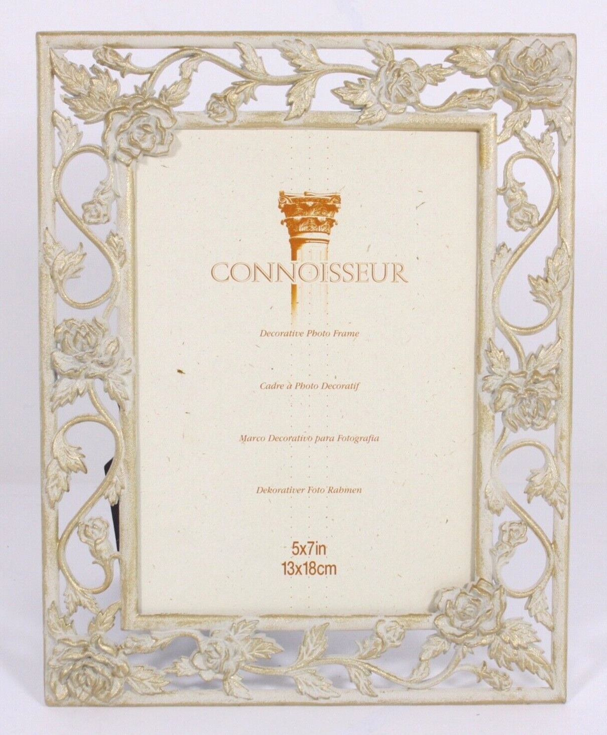 French Floral Pierced Metal Vtg 9.5×7.5 White & Gold Frame for 5×7 Picture Print