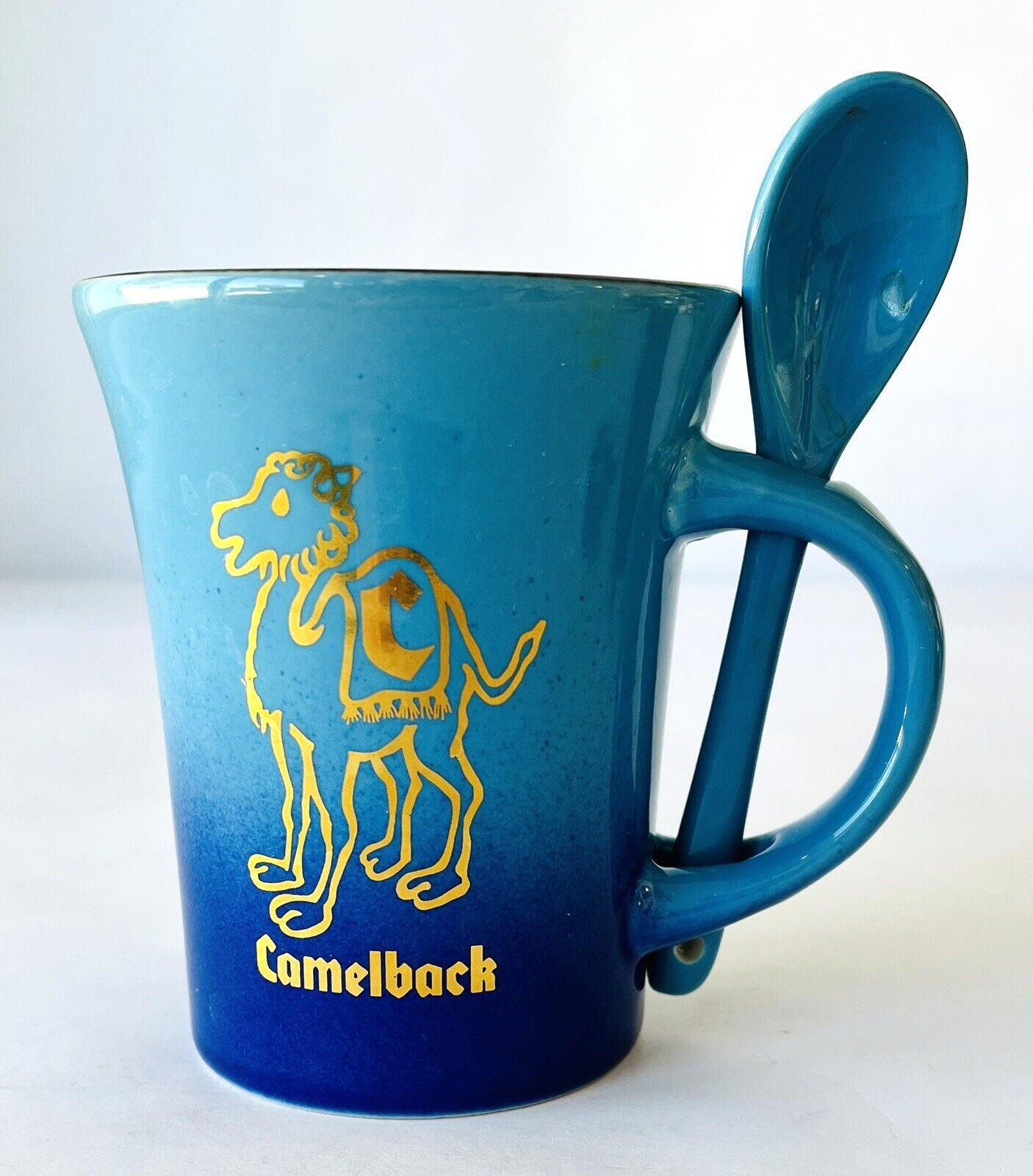 Camelback Inn Resort Coffee Cup with Spoon Blue Ombré & Metallic Gold Camel 4″