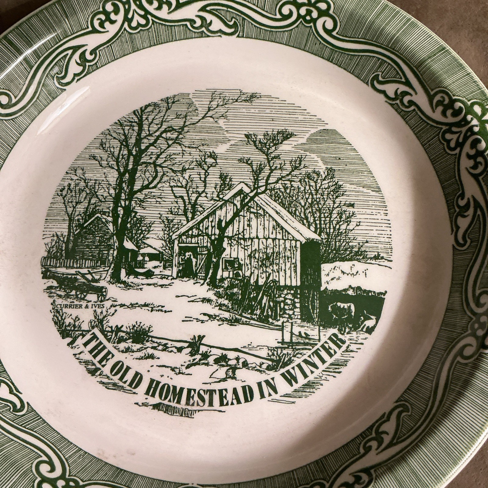 Vintage 1950s royal China the old Homestead and winter pie plate carrier Ives