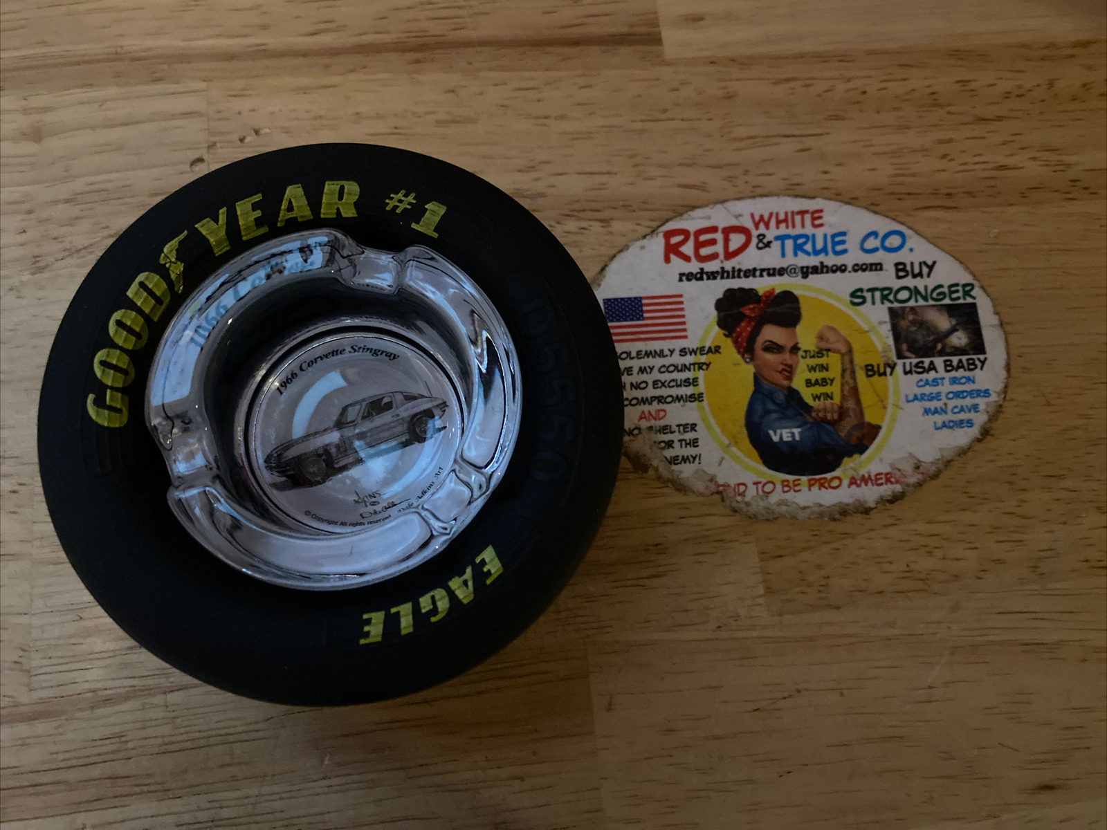 Goodyear Tire Ash Tray Chevy Corvette Glass on Rubber HOTROD NASCAR Collector