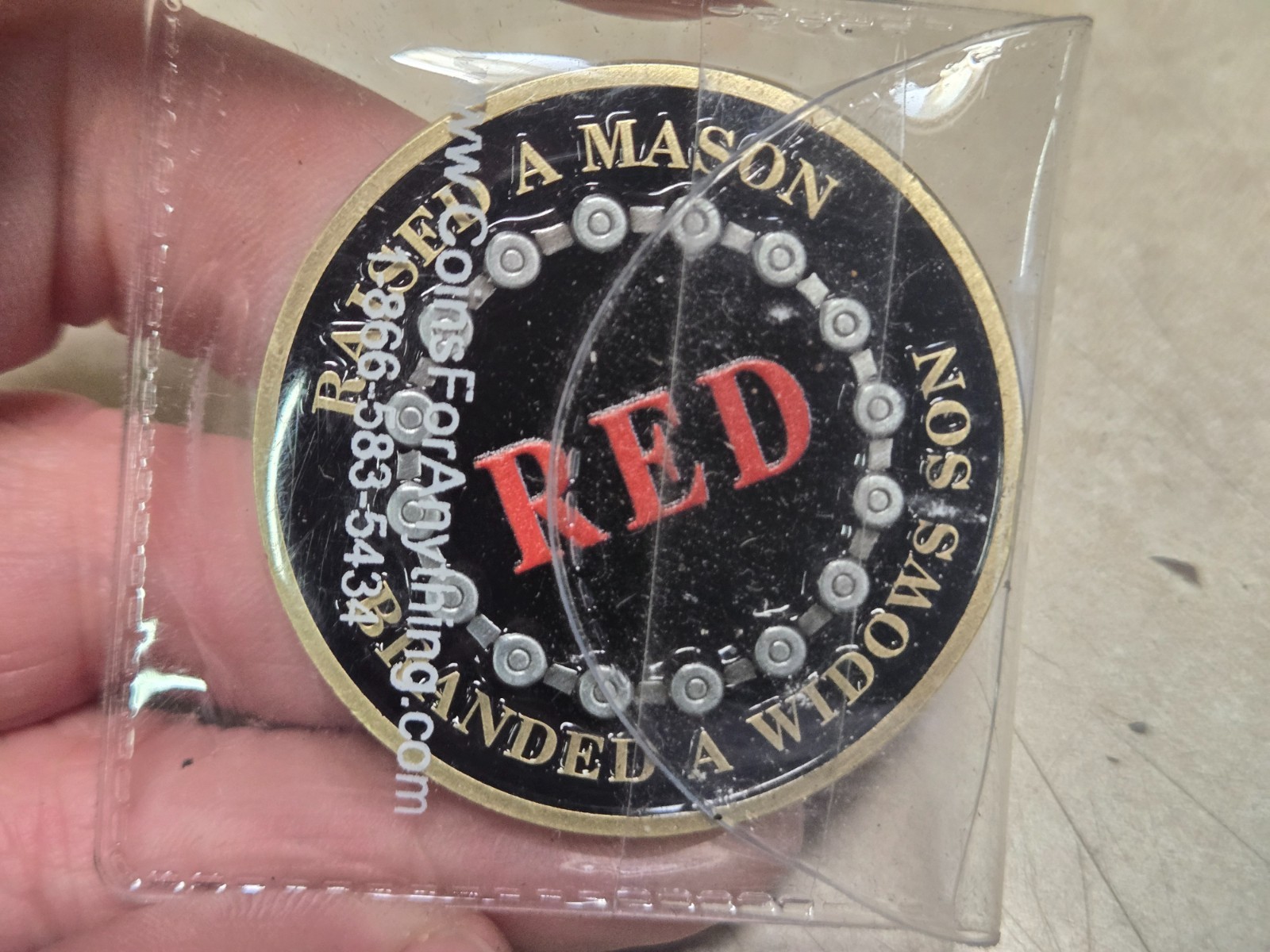 23 19 Raised A mason Branded a Widows Son red Challenge Coin