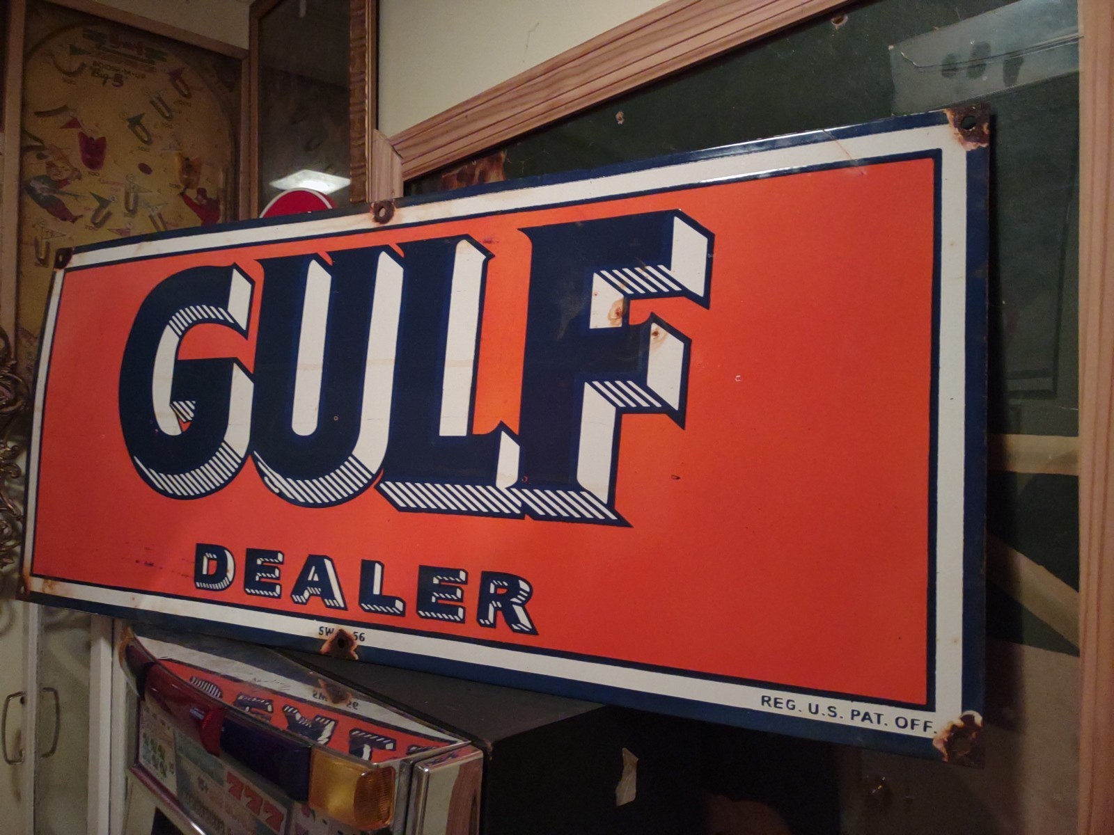 LARGE VINTAGE GULF MOTOR OIL PORCELAIN GAS OIL SERVICE STATION DEALER SIGN 3FT