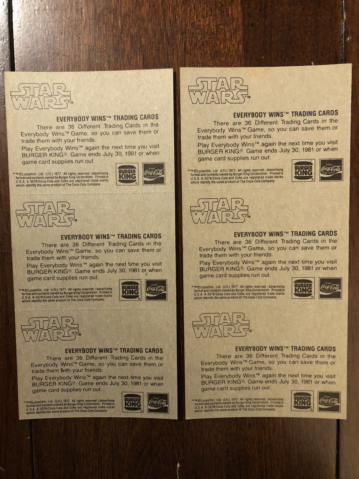 1981 Burger King/Coca-Cola Star Wars 18 Card Set (6) 3 Card Uncut Panels Mint!