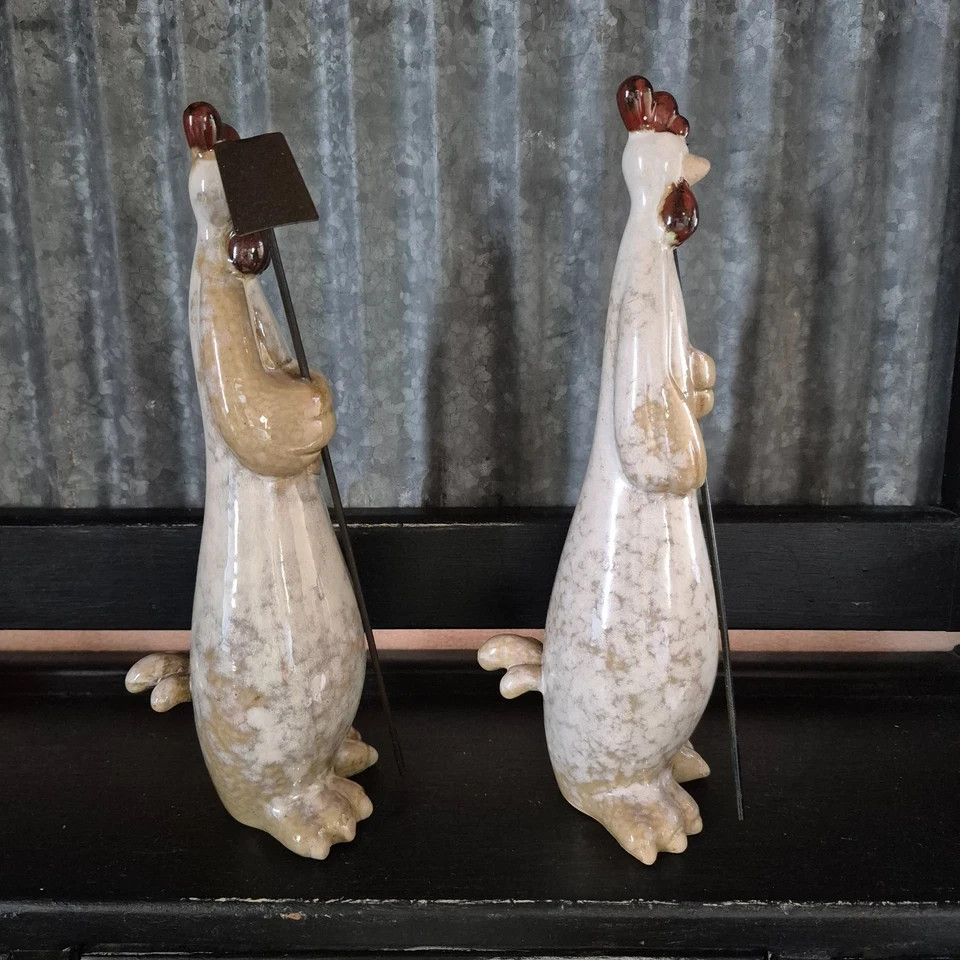 Vintage Ceramic Pottery Roosters with Hoe and Rake 193D 9.5 in. T
