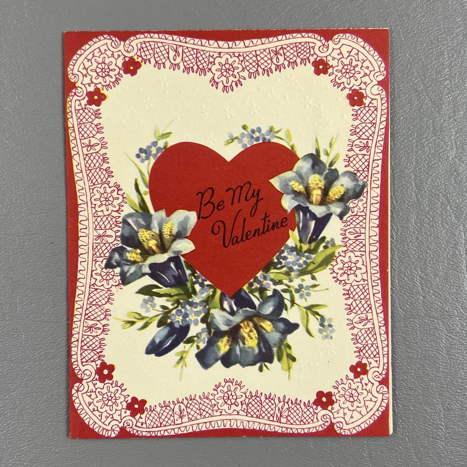 Vintage Valentine Card Heart Flowers Embossed Lilies A-Meri-Card 5″
