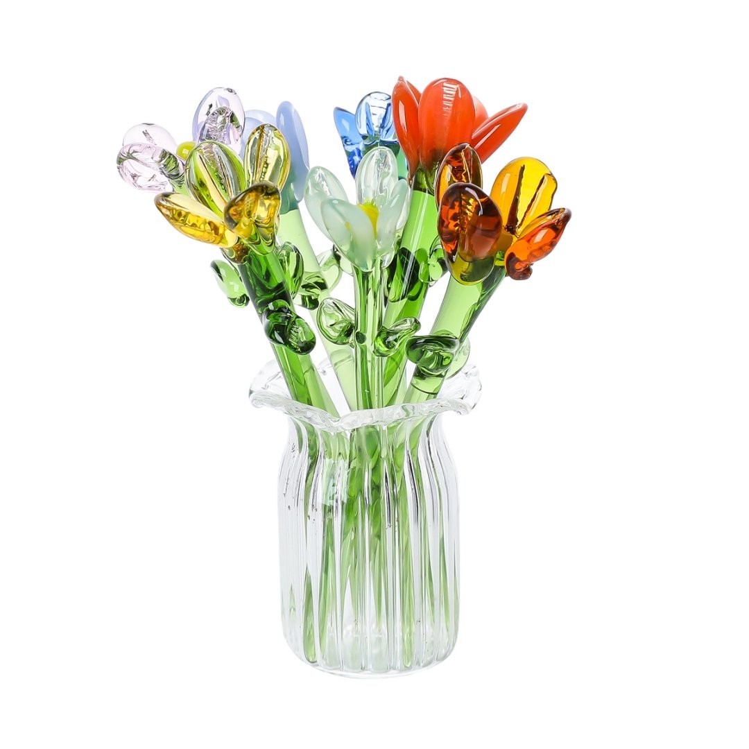 Miniature Glass Seven Flowers Figurine Collectible With Vase For Birthday