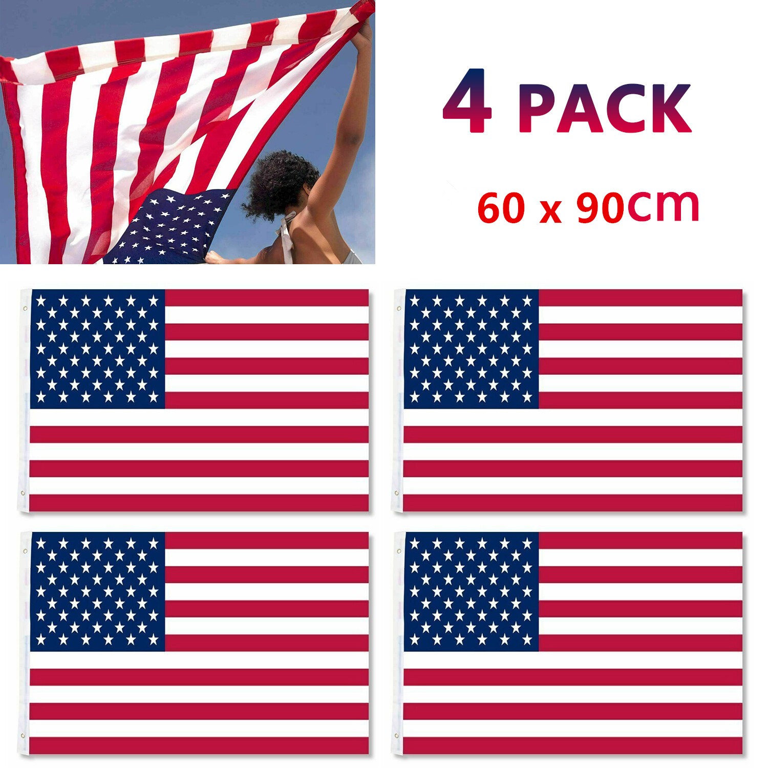 2×3 Ft American Flag w/ Grommets – United States Flags – US America – 4 Pack USA