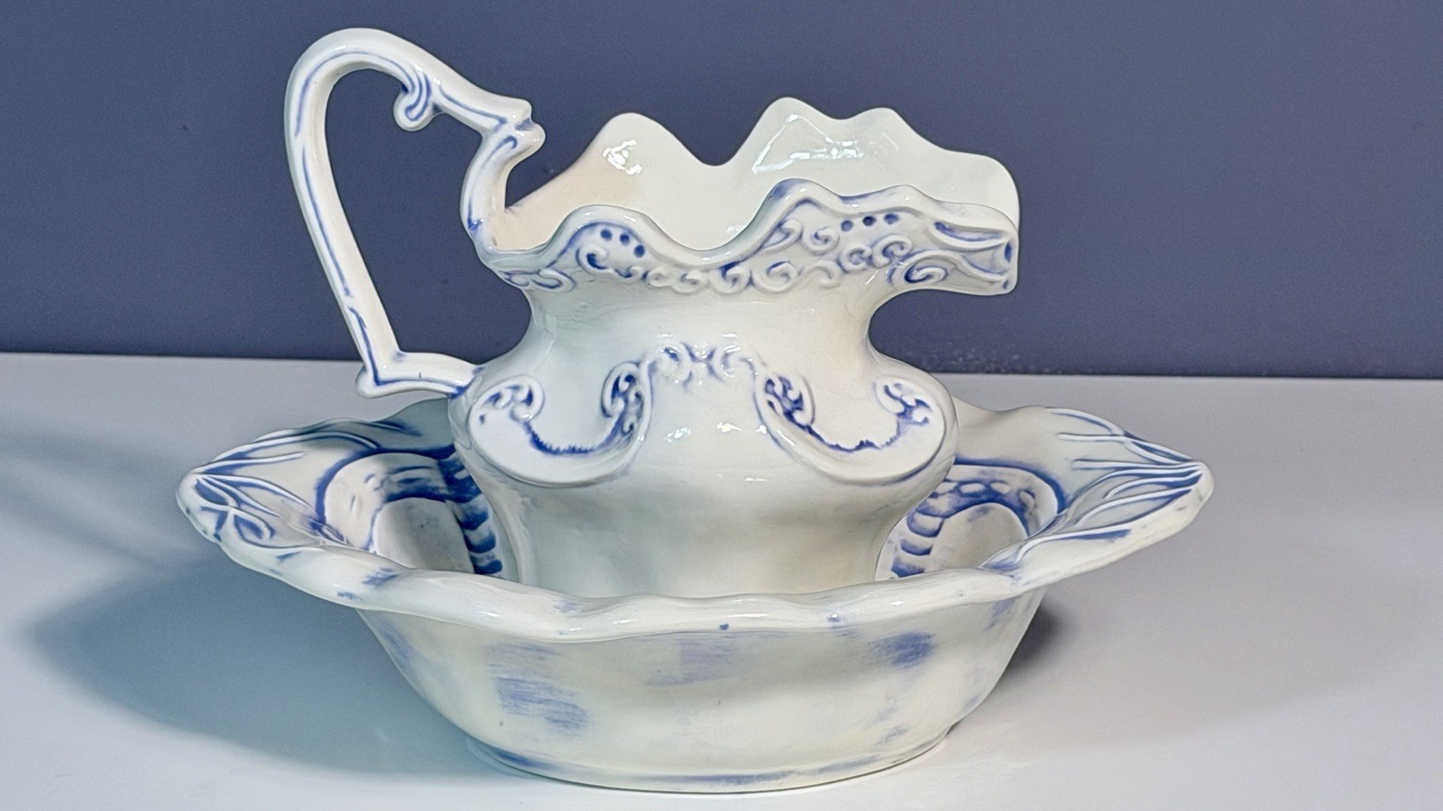 Vintage Arnels Blue White Pitcher & Basin Bowl Set Mid Century Farmhouse
